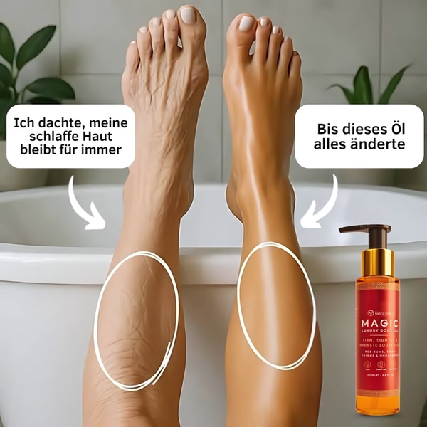 A split-screen comparison showing the visual difference in skin texture after using a firming luxury body oil, creating a strong contrast between dry and hydrated skin.
