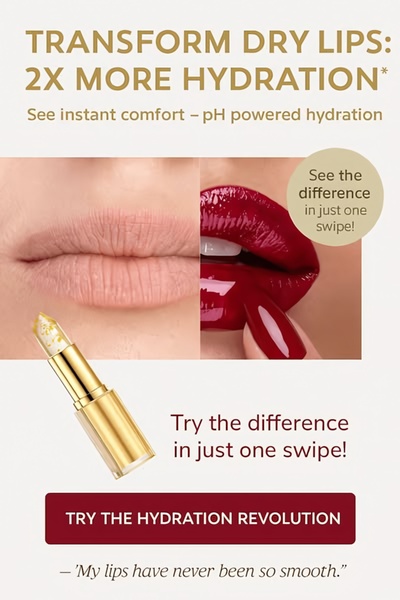 A split-screen comparison showing the instant hydrating effects of a gold-flecked lip balm on dry skin versus treated lips.