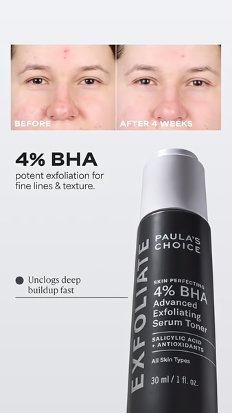 exfoliating serum, bha serum, skin toner, facial serum, acne treatment, skincare serum, exfoliating toner, social proof, product launch, minimalist, trustworthy, fresh, neutral, black