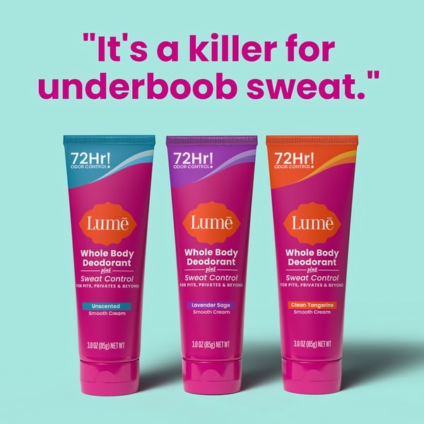 A clean, minimalist product-focused ad featuring three variants of a whole body deodorant line against a soft-colored background.