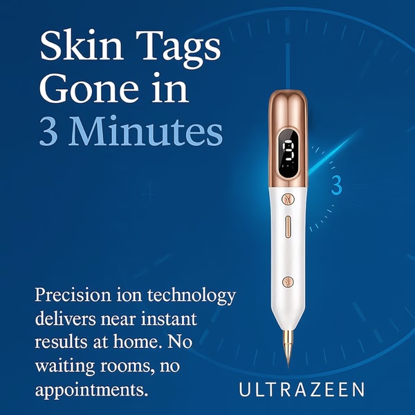skin tag remover, mole remover, skin lesion remover, beauty device, skin care tool, cosmetic pen, blemish remover, product launch, brand awareness, minimalist, modern typography, trustworthy, bold, blue, gold