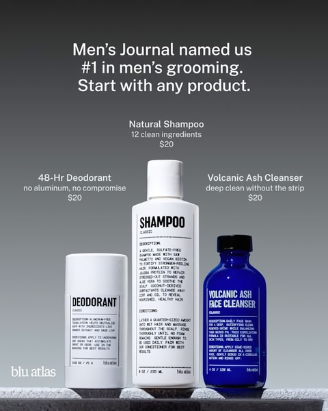 men's grooming, shampoo, deodorant, face cleanser, grooming kit, personal care products, men's skincare, social proof, brand awareness, minimalist, trustworthy, calm, neutral, blue
