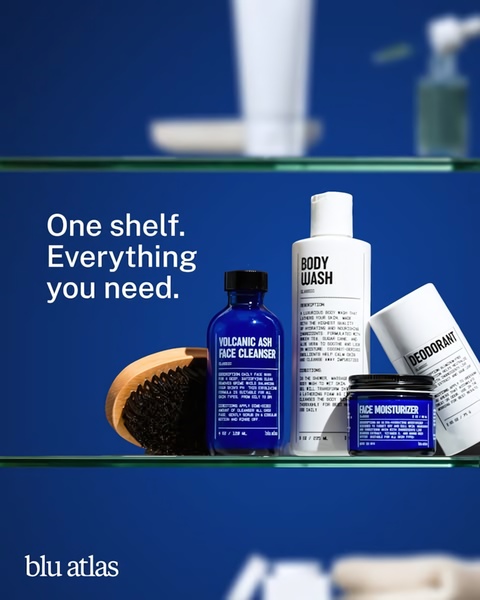 grooming kit, skincare set, face care products, body wash, face cleanser, deodorant, face moisturizer, bundle offer, brand awareness, minimalist, trustworthy, calm, blue, neutral