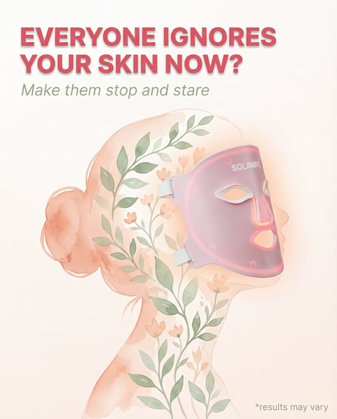 led face mask, light therapy mask, facial light device, led skincare device, phototherapy mask, beauty light mask, led facial treatment, brand awareness, minimalist, calm, fresh, pink, pastel