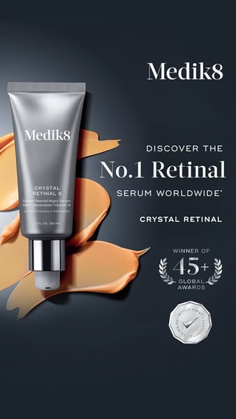 retinal serum, anti aging serum, face serum, skincare serum, retinol serum, night serum, crystal retinal, brand awareness, social proof, minimalist, luxurious, trustworthy, neutral, orange