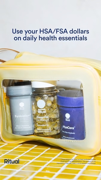 This ad creative uses a clear, benefit-driven hook about spending HSA/FSA dollars on daily health supplements, visualized through a clean, organized product carry-all.