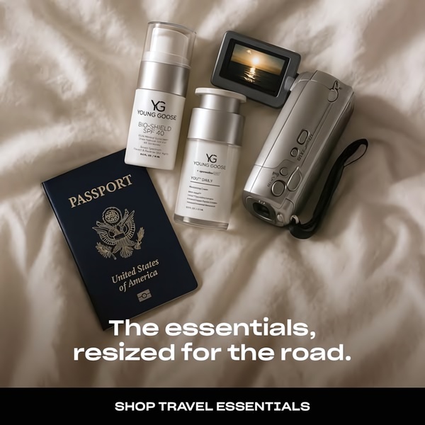 travel skincare, skincare set, travel cosmetics, skincare kit, travel beauty, cosmetic set, skincare essentials, product launch, flat lay, calm, neutral