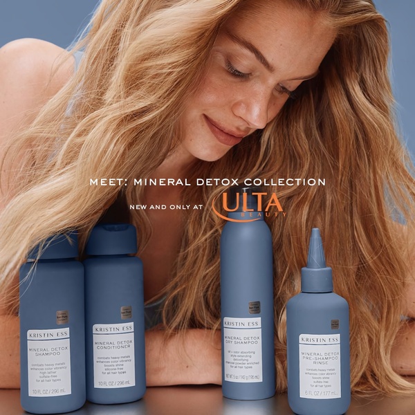 This creative displays a full collection of hair care products centered around a minimalist aesthetic, highlighting a detox-focused beauty routine.