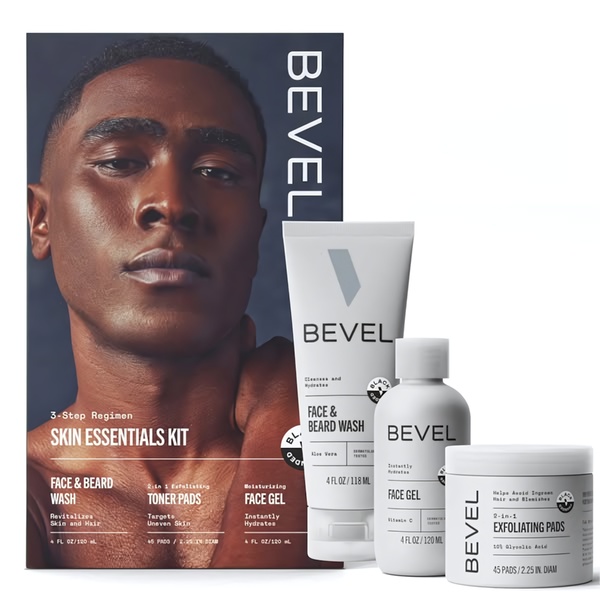 skincare kit, face wash, face gel, toner pads, exfoliating pads, grooming kit, skin essentials, product launch, brand awareness, minimalist, trustworthy, luxurious, neutral, brown