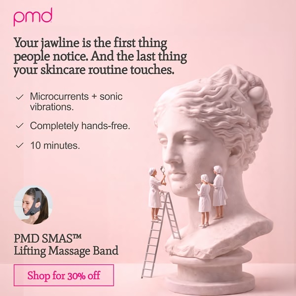 facial massage device, face lifting tool, microcurrent device, skincare device, beauty tool, face massager, lifting massage band, sale promotion, product launch, minimalist, luxurious, calm, pink, neutral