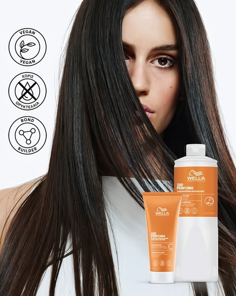 A high-contrast, clean studio shot of a hair treatment product featuring clear vegan and ingredient-focused icons.