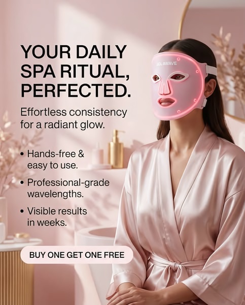led face mask, light therapy device, facial treatment mask, skincare device, beauty light mask, red light therapy, led skincare tool, sale promotion, lifestyle, luxurious, calm, pink, neutral