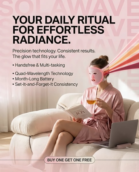 led face mask, light therapy mask, facial light device, led skincare device, red light therapy mask, bundle offer, product launch, lifestyle, calm, luxurious, pink, neutral
