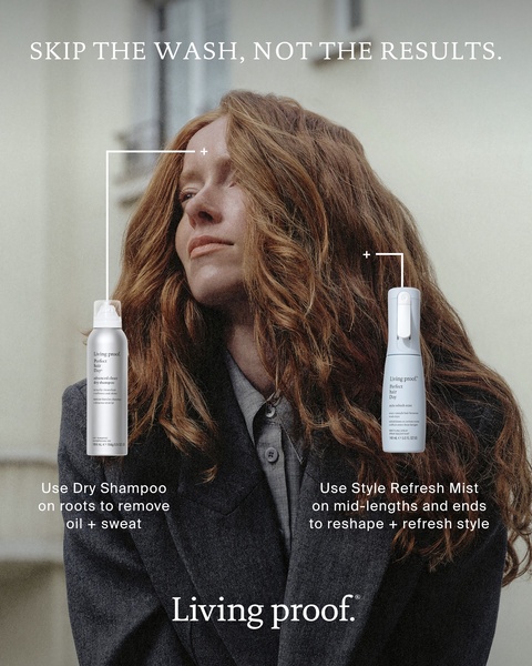 This ad features a side-by-side product breakdown showing the specific application zones of dry shampoo and style refresh mist on a model's hair.
