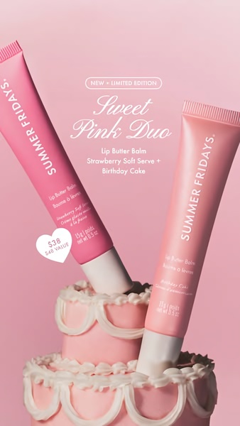 This creative showcases a limited edition lip balm bundle using a cake-inspired studio set to emphasize the product's sweet aesthetic.