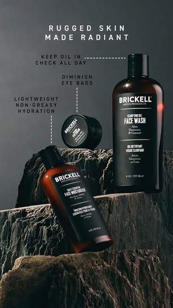 face wash, moisturizer, skincare set, men's grooming, facial cleanser, hydrating cream, grooming products, brand awareness, product launch, minimalist, luxurious, trustworthy, neutral, brown