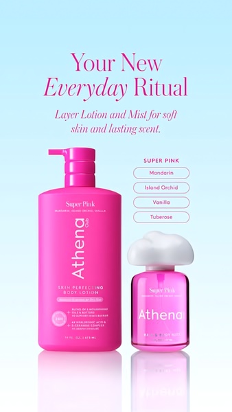 body lotion, body mist, skin care, moisturizer, fragrance mist, body spray, perfume, product launch, minimalist, fresh, playful, pink, blue
