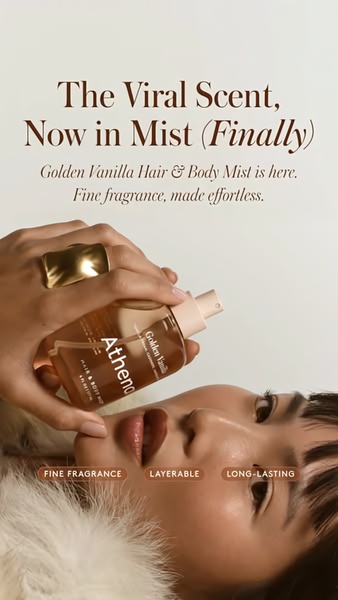 hair mist, body mist, hair spray, fragrance mist, scented spray, hair fragrance, vanilla mist, product launch, lifestyle, luxurious, warm, brown, neutral, gold
