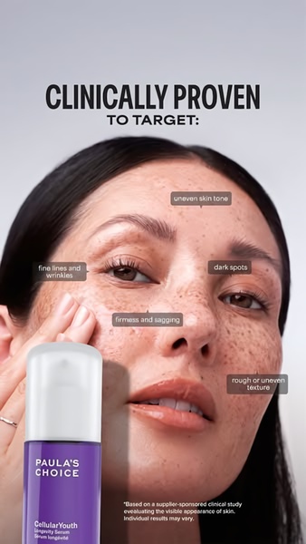 facial serum, anti aging serum, skincare serum, face treatment, skin serum, beauty serum, cellular serum, social proof, product launch, ugc style, trustworthy, purple, neutral