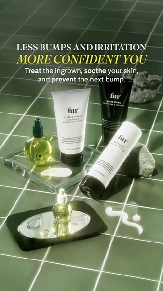 A high-angle, studio-lit photograph of a collection of skincare bottles and tubes arranged on green grid tiles to convey clinical efficacy.