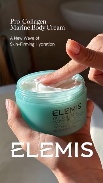 A close-up shot of a hand interacting with the product texture inside its packaging, emphasizing the brand identity and the cream's firming properties.