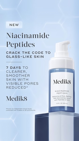 facial serum, skincare serum, niacinamide serum, peptide serum, anti-aging serum, pore refining serum, skin treatment, new arrival, product launch, minimalist, calm, fresh, blue, neutral