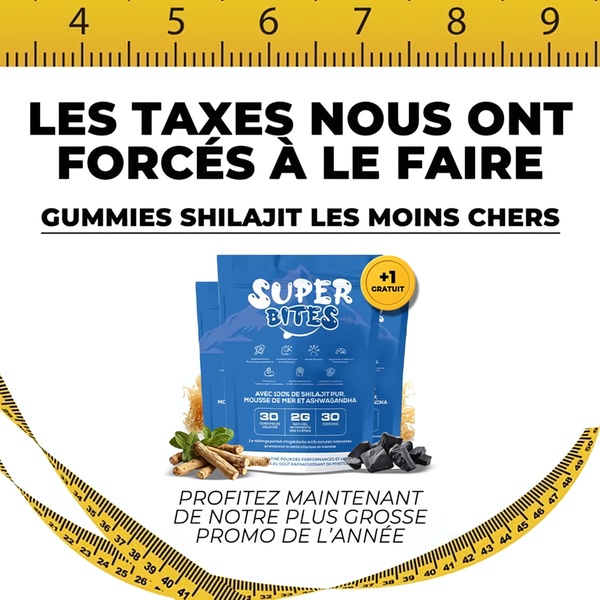 A 1:1 format ad creative for Shilajit Gummies using a ruler background to signal measurement and value, highlighting a massive seasonal discount.
