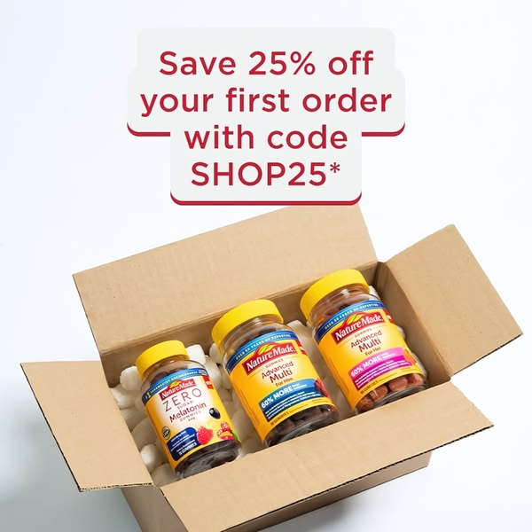 A top-down, clean product shot of three bottles of gummy supplements inside a shipping box, featuring a bold discount offer text overlay.