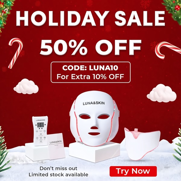 led face mask, light therapy mask, facial led device, led skincare mask, red light therapy mask, sale promotion, limited time deal, minimalist, energetic, red, christmas