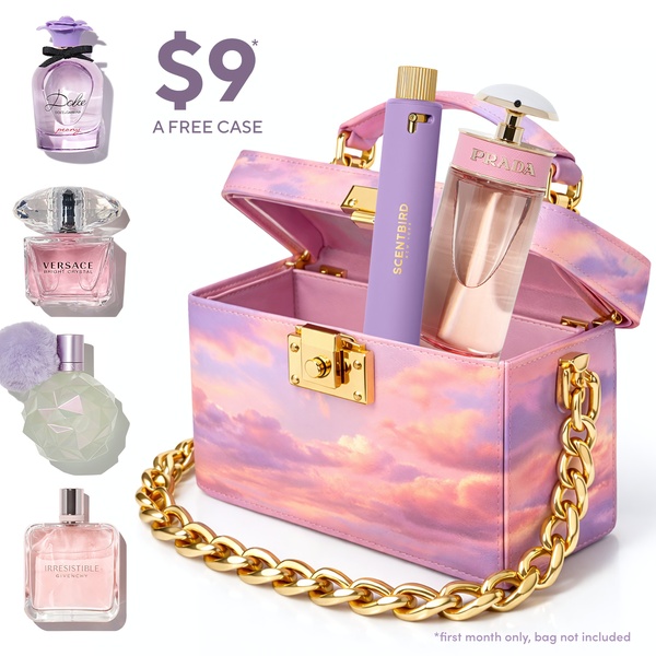 perfume subscription, fragrance box, perfume service, scent subscription, fragrance delivery, perfume samples, beauty subscription, bundle offer, limited time deal, minimalist, luxurious, playful, pink, purple, gold