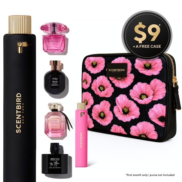 perfume subscription, fragrance subscription, perfume service, fragrance box, perfume delivery, scent subscription, fragrance samples, bundle offer, minimalist, luxurious, pink, black, gold