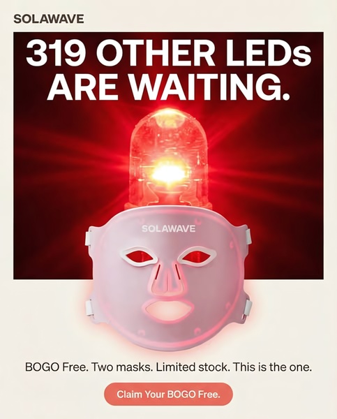 led face mask, light therapy mask, red light mask, facial led device, skincare mask, beauty light mask, led therapy device, limited time deal, bundle offer, minimalist, modern typography, bold, energetic, red, neutral