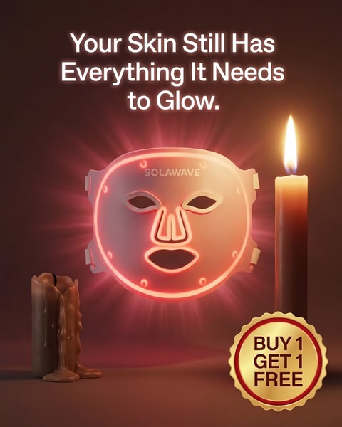 led face mask, light therapy mask, facial mask, skincare device, beauty mask, face treatment mask, bundle offer, brand awareness, modern typography, luxurious, warm, brown, gold