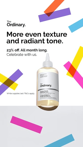 facial serum, skincare serum, face treatment, glycolic acid, exfoliating serum, skin toner, beauty serum, sale promotion, modern typography, playful, energetic, purple, orange, yellow