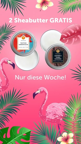 A promotional mobile-format ad highlighting a Buy-One-Get-One-Free sale for shea butter products, featuring a vibrant tropical flamingo theme.