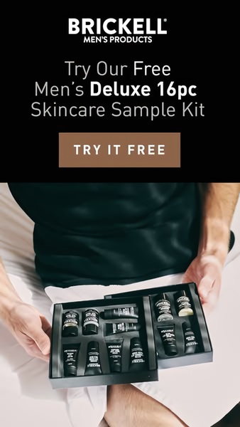 skincare kit, sample kit, grooming kit, skincare set, men's skincare, trial kit, deluxe samples, free shipping, product launch, lifestyle, trustworthy, luxurious, black, brown