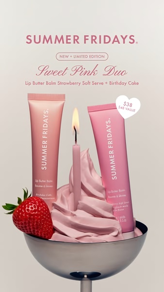 This creative showcases a limited edition lip balm bundle using a thematic birthday cake motif, highlighting product value with a celebratory aesthetic.