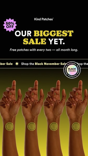 A 9:16 vertical ad featuring a model showcasing the patch product against a high-contrast black and yellow background with clear, bold typography.