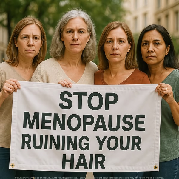 This ad creative uses a group of women holding a text-heavy sign to directly address the physical impact of menopause on hair health.