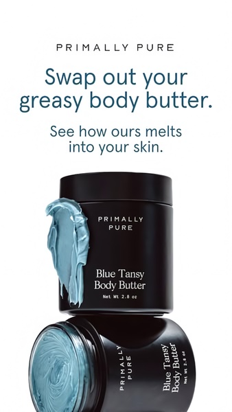 A direct-to-consumer ad featuring a side-by-side comparison of product texture, highlighting the non-greasy nature of the Blue Tansy Body Butter.