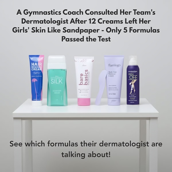 A flat-lay photograph of multiple hair removal creams arranged on a table with text overlay presenting a third-party expert consultation narrative.