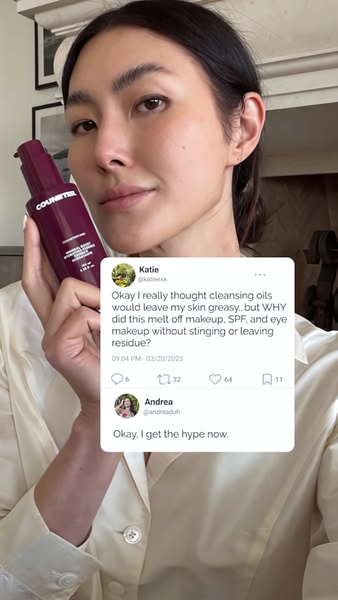 cleansing oil, makeup remover, facial cleanser, oil cleanser, face wash, social proof, ugc style, trustworthy, neutral, purple