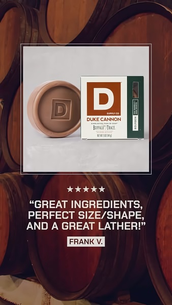 A vertical ad featuring a single product image of bar soap overlaid with a five-star customer testimonial.
