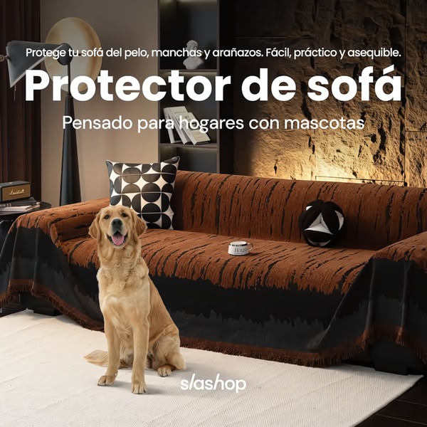 A 1:1 format advertisement featuring a Golden Retriever sitting on a neatly covered sofa, emphasizing easy maintenance for pet owners.