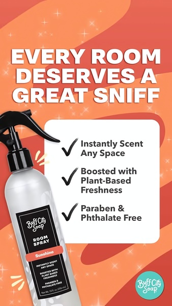 room spray, air freshener, home fragrance, scent spray, room scent, fragrance mist, product launch, brand awareness, modern typography, energetic, playful, orange, red