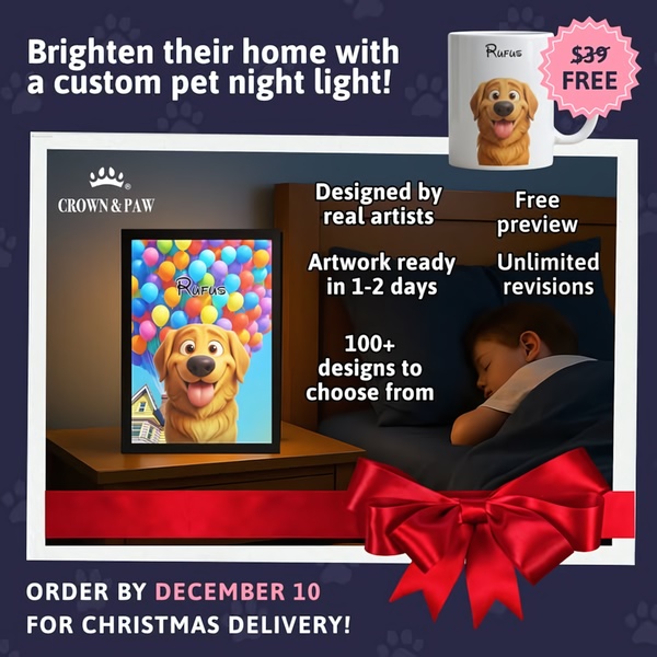 A high-conversion seasonal creative featuring a custom pet-themed night light with clear benefit call-outs, social proof triggers, and an urgent holiday delivery deadline.