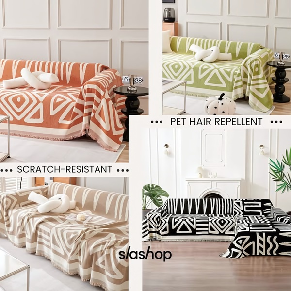 A 1:1 split-screen creative showcasing four different color variants of a patterned sofa cover, directly highlighting key functional benefits like scratch and hair resistance.