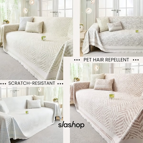 A multi-frame 1_1 square creative showcasing different color variants of a sofa cover alongside clear benefit text labels.
