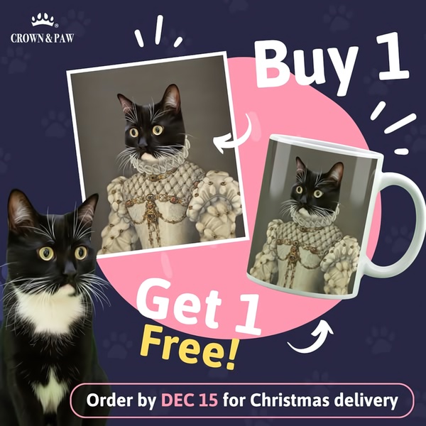 A square ad creative highlighting a BOGO offer on custom pet portrait mugs, featuring a black and white cat portrait alongside a mug with the same artwork.