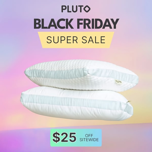 A high-contrast promotional square creative featuring stacked bed pillows, a clear Black Friday headline, and a bold sitewide discount offer.